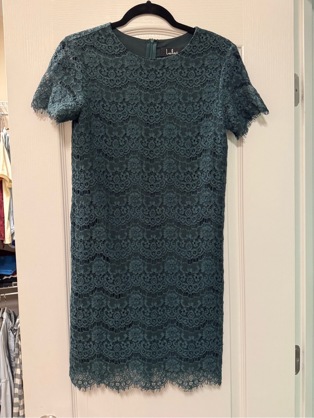 Forest Green Lace Short-Sleeve Sheath Mini Dress, Lulus, XS
